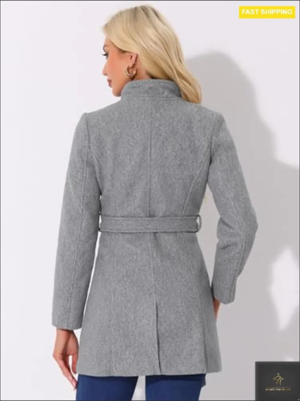 Classic Stand Collar Pea Coat Long Sleeve Winter Belted Overcoat Lined Trench